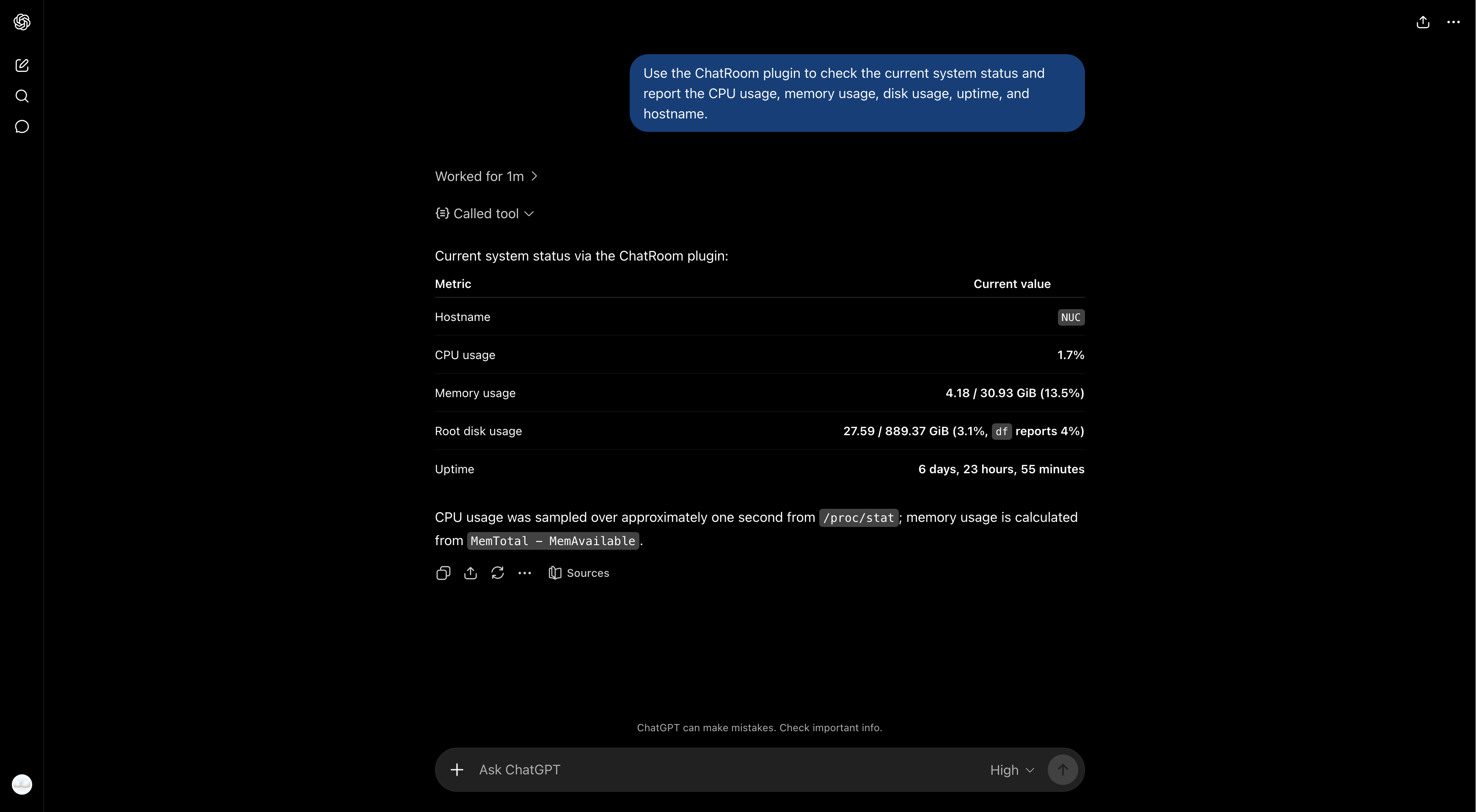 System status report returned in ChatGPT through ChatRoom